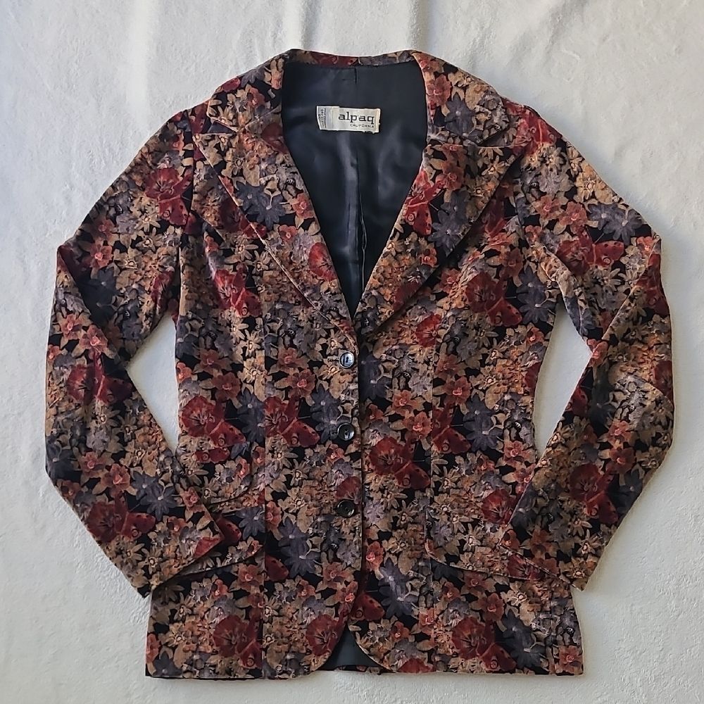 70s Vintage Alpaq California Pattern Velvet Blazer Lapel Floral Whimsygoth